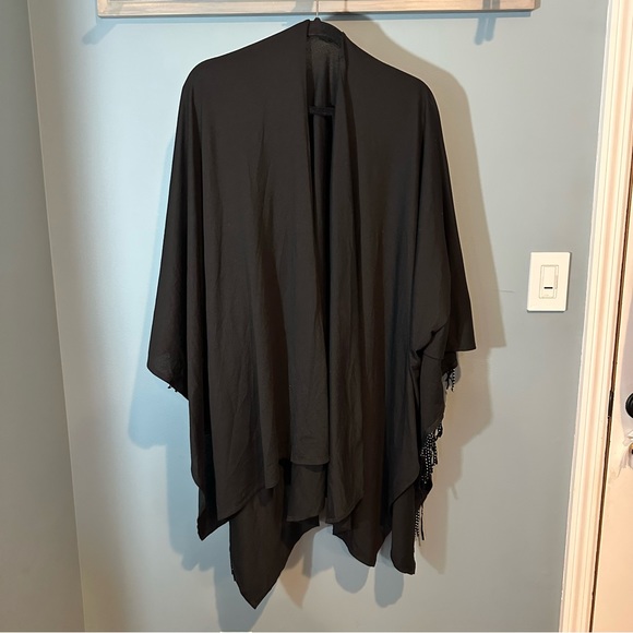 Women’s Poncho/Shawl with Silver Metallic Accents and Suede Fringe in Black - Picture 2 of 3